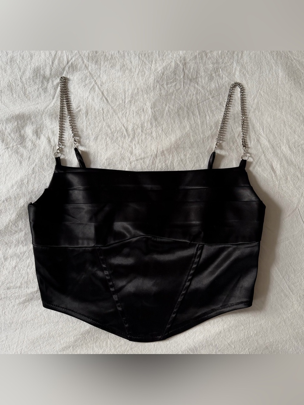 Black Satin Corset Crop Top with Rhinestone Straps